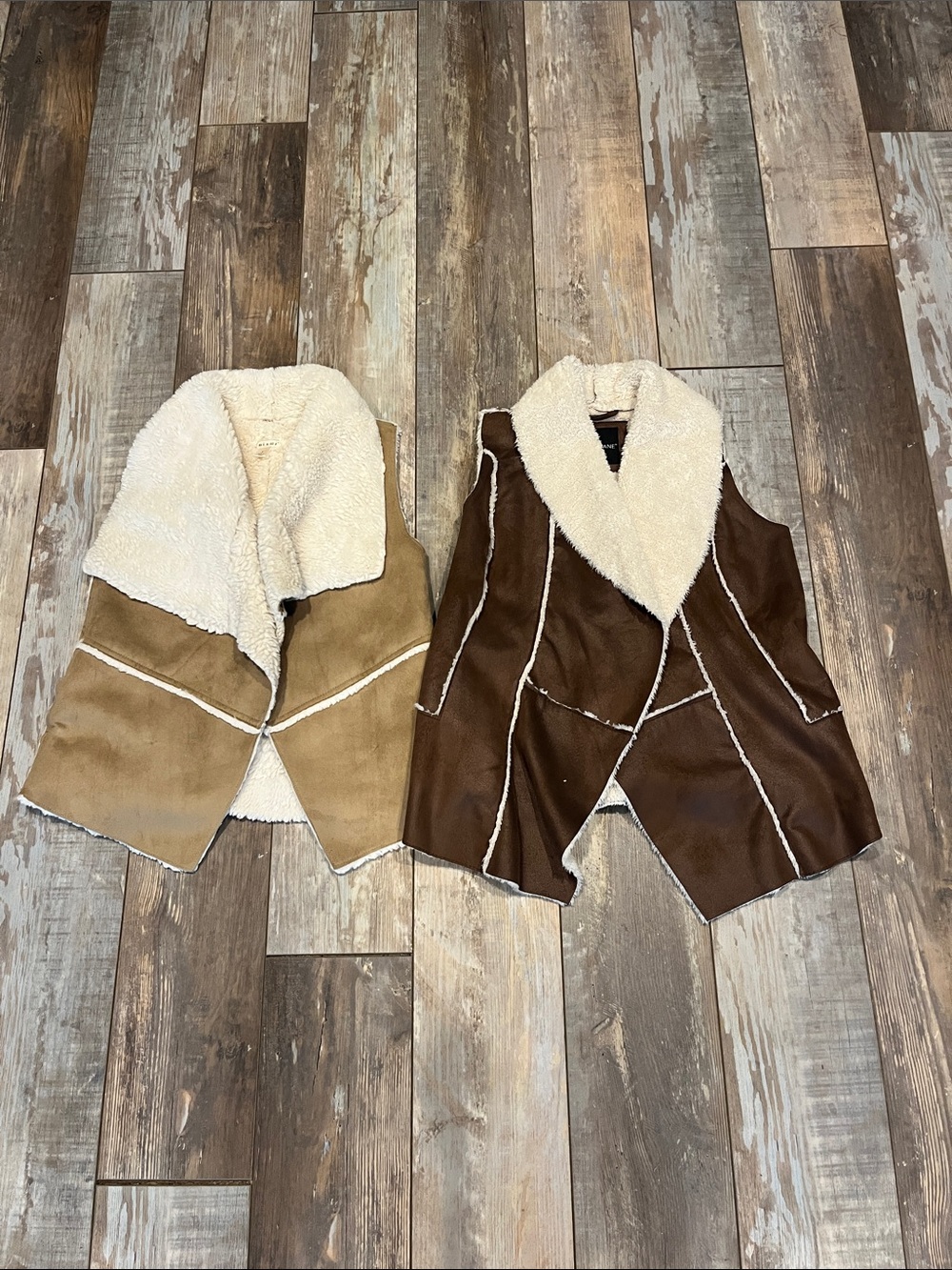 Two “suede” furry vest: tan and chocolate brown